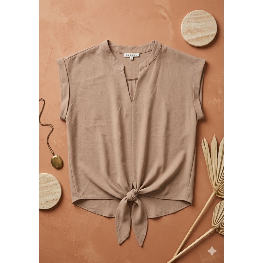 Women’s M Beige Cropped Tie Front Blouse Minimalist Scandi Coquette Soft Girl To
